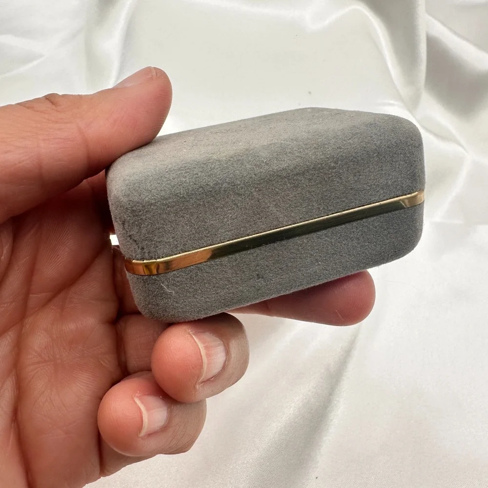 Vintage 90s Gray Velvet Box Gold Trim Hinged‎ Presentation Display Case Jewelry